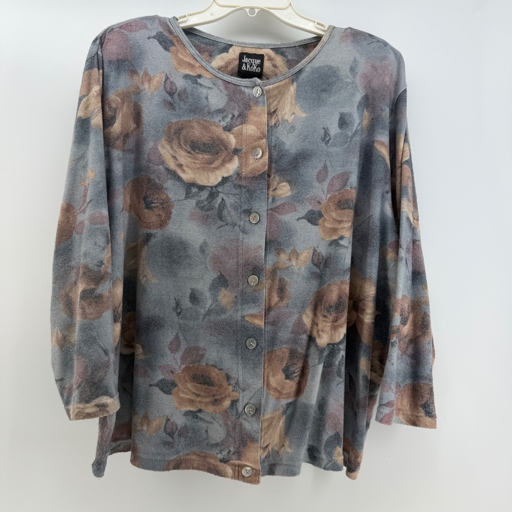 Jacque & KoKo Cardigan Women 22/24 Grey Rose Floral Grandma Romantic Academia‎
